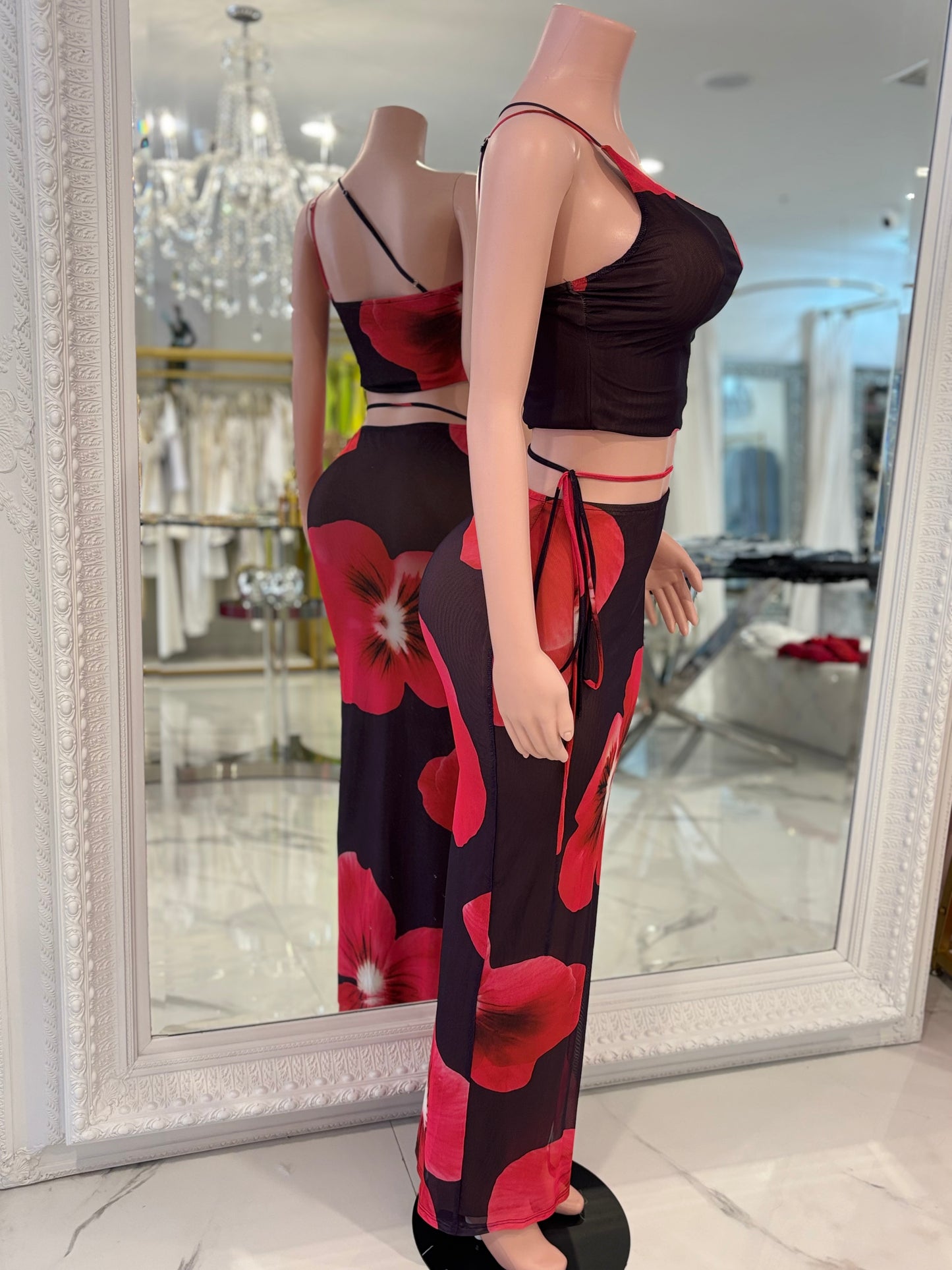 Hibiscus Heat Mesh Floral Skirt Set Red