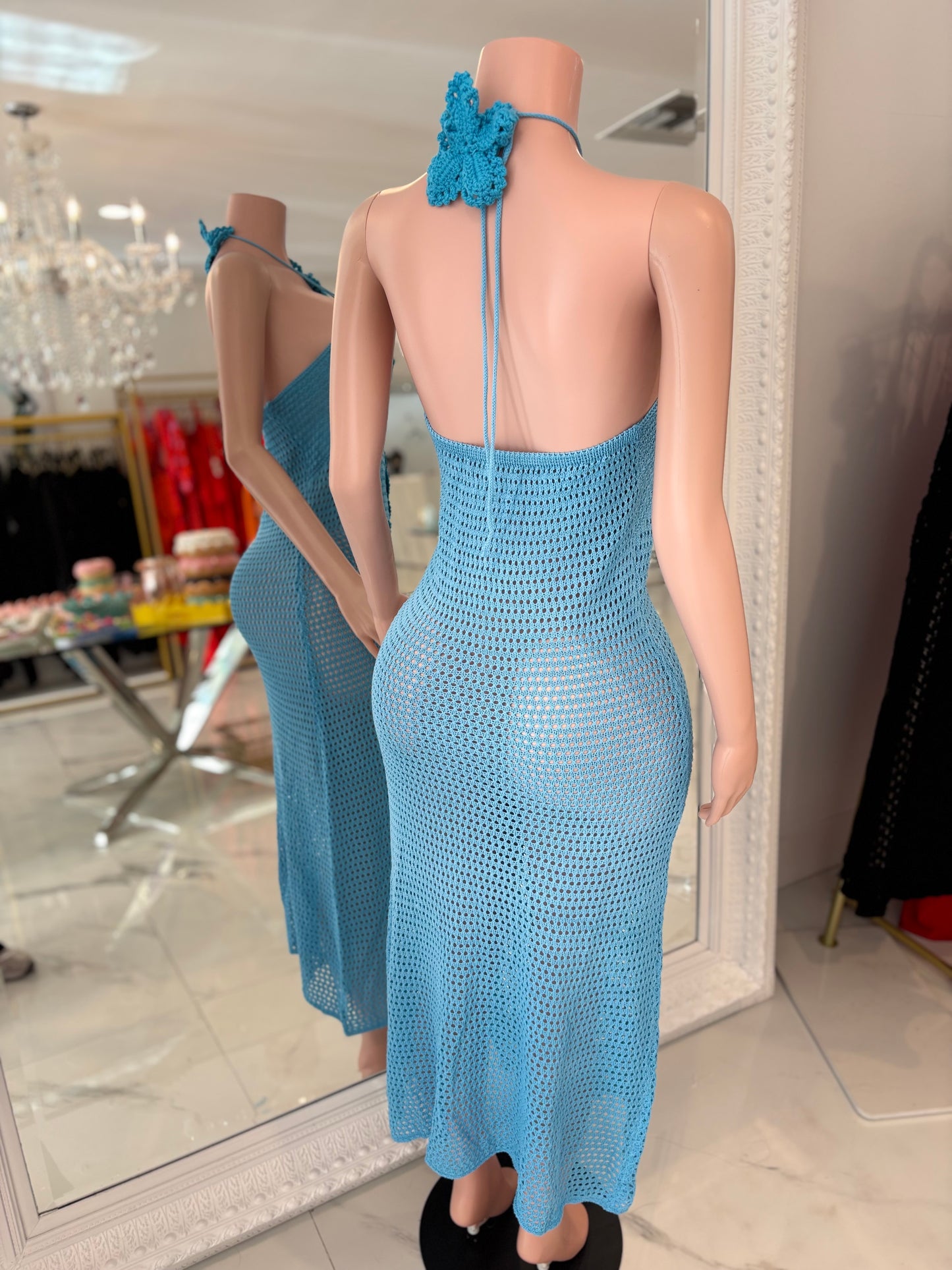Seafoam Garden Floral Crochet Maxi Dress Blue