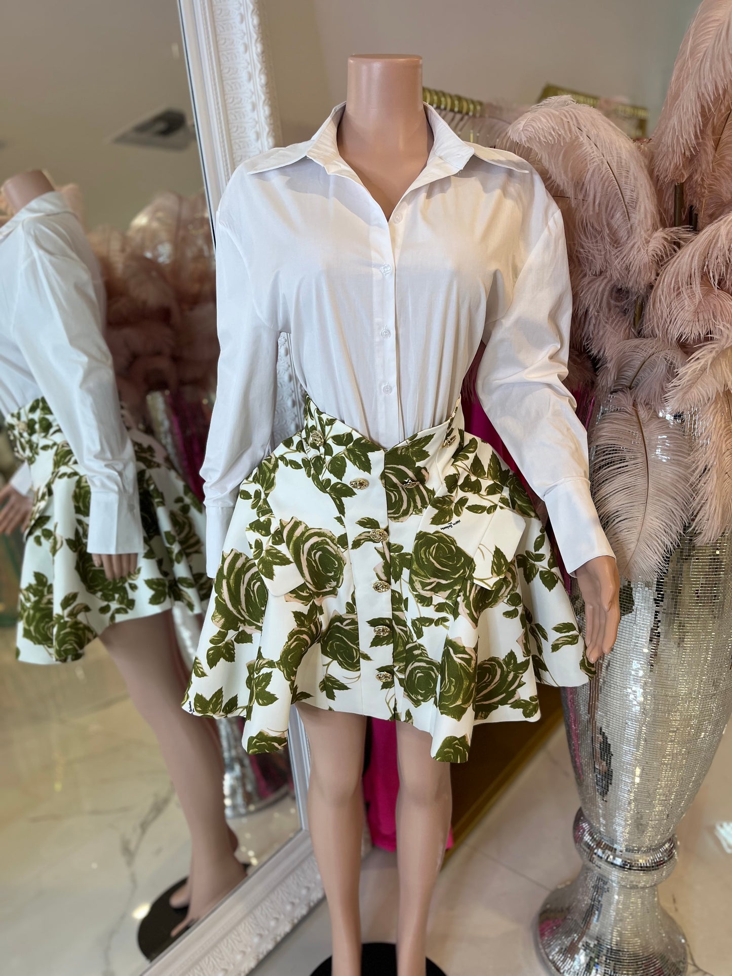 Blooming Rose Floral Skirt Set Green