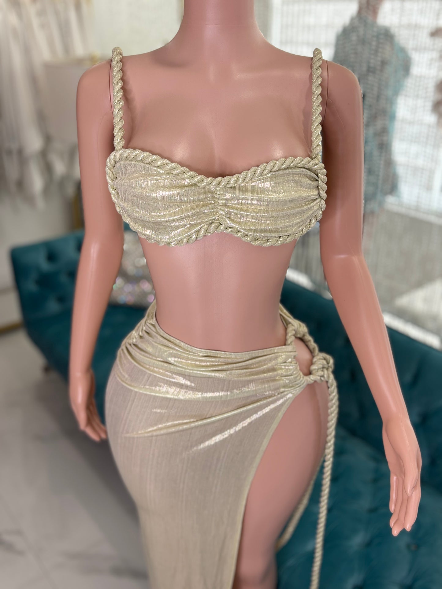 Ruched Metallic Skirt Set Gold