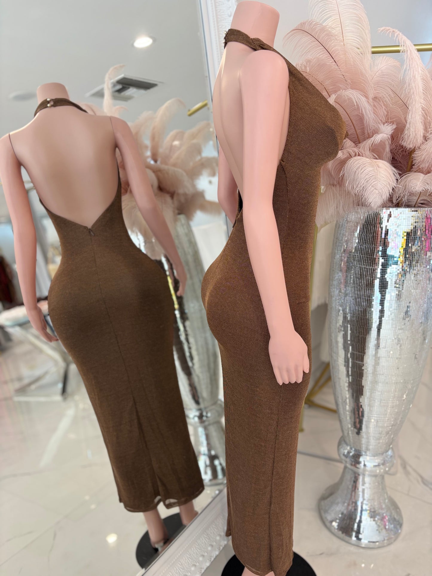 Voltage Curve Glitter Midi Dress Brown