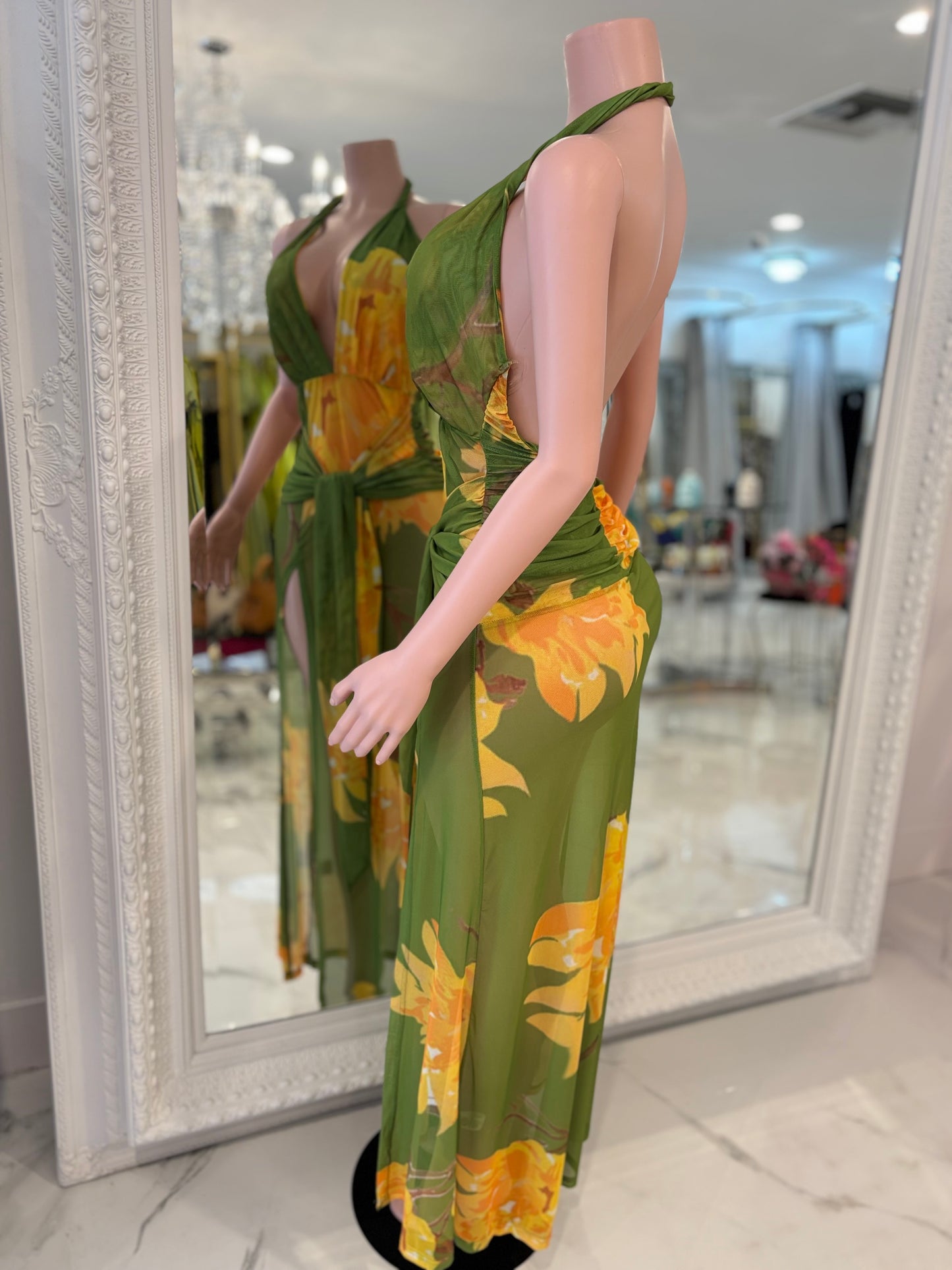 Bloomed Allure Floral Ruched Mesh Maxi Dress Green