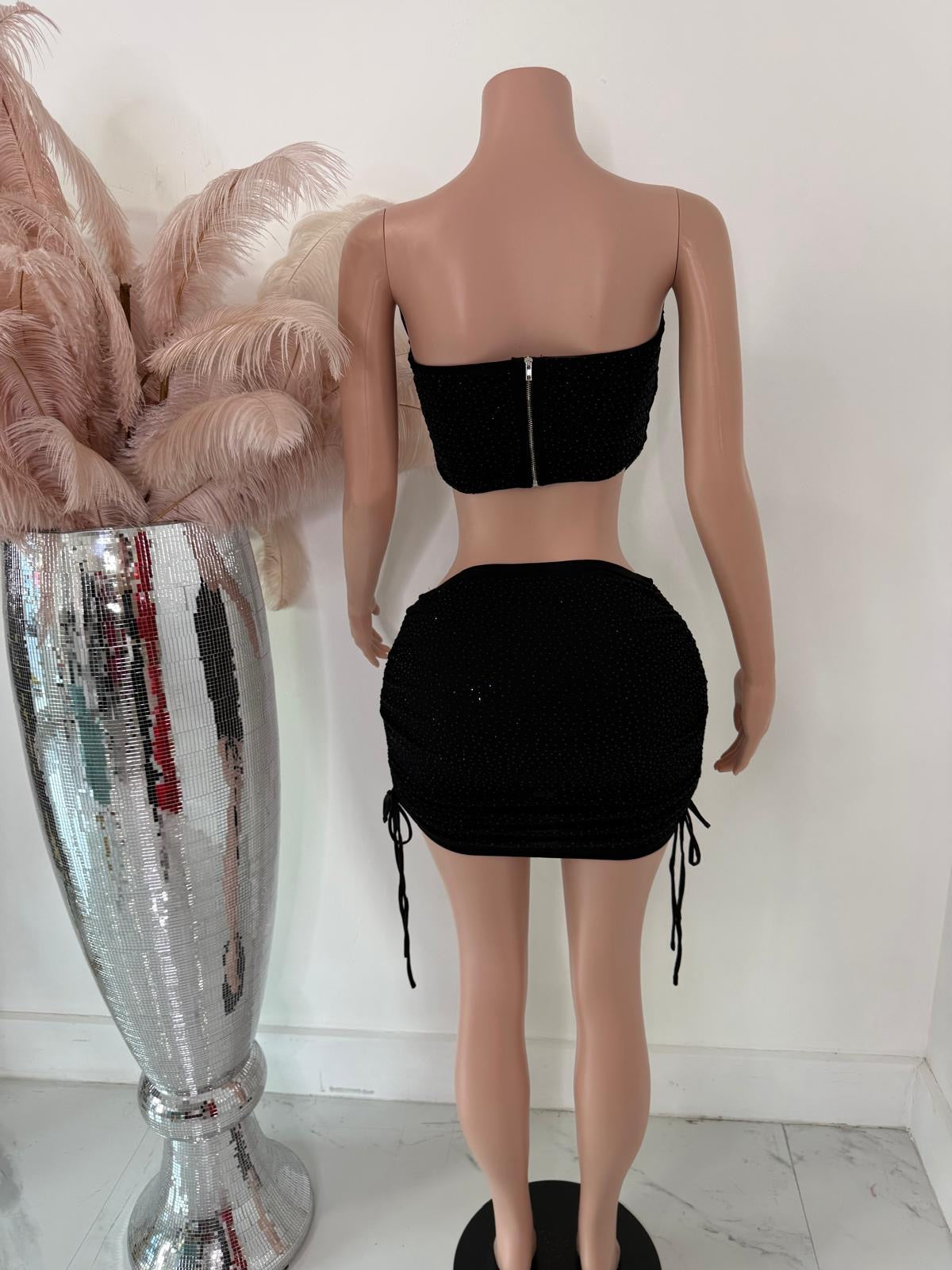 Deny Glow Ruched Rhinestones Skirt Set Black