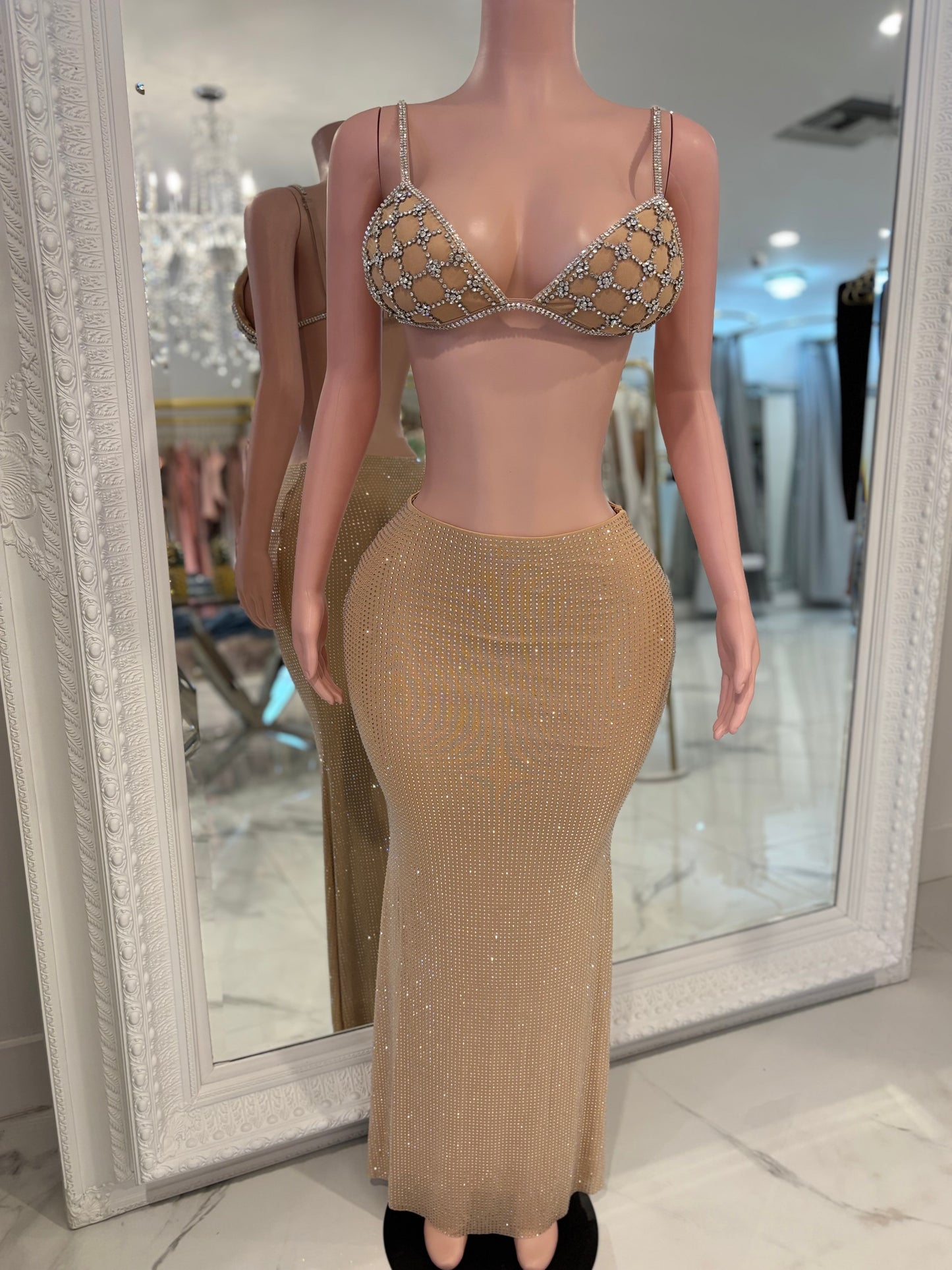 Lalo Rhinestone Skirt Set Nude