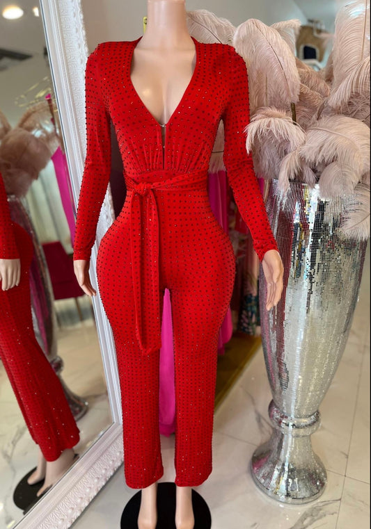 Inferno Nights Rhinestone Jumpsuit Red