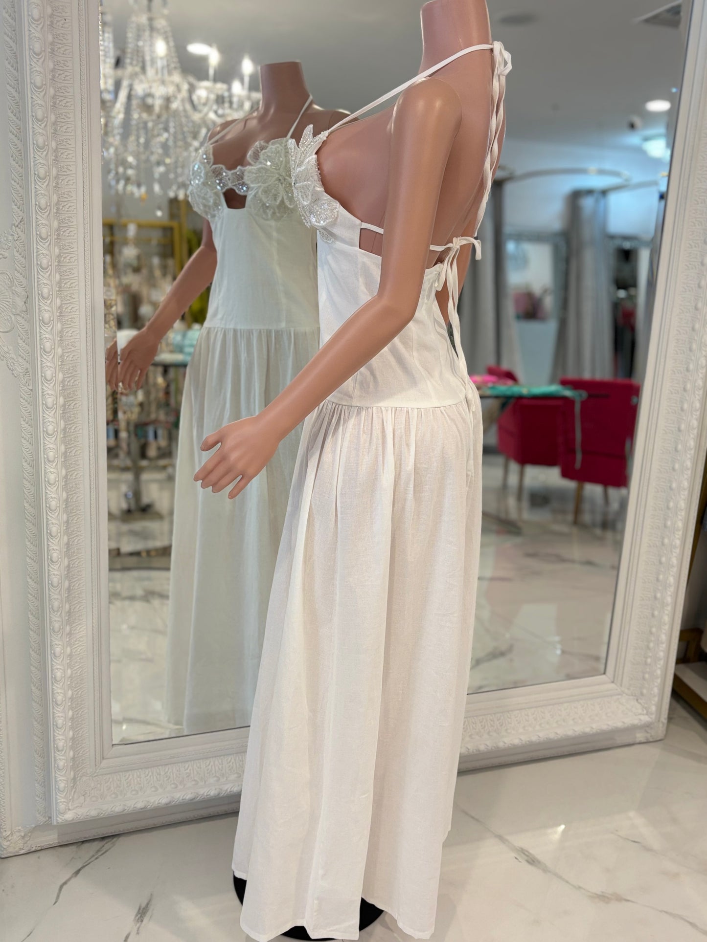 Goddess Bloom Pearls Sequin Maxi dress White