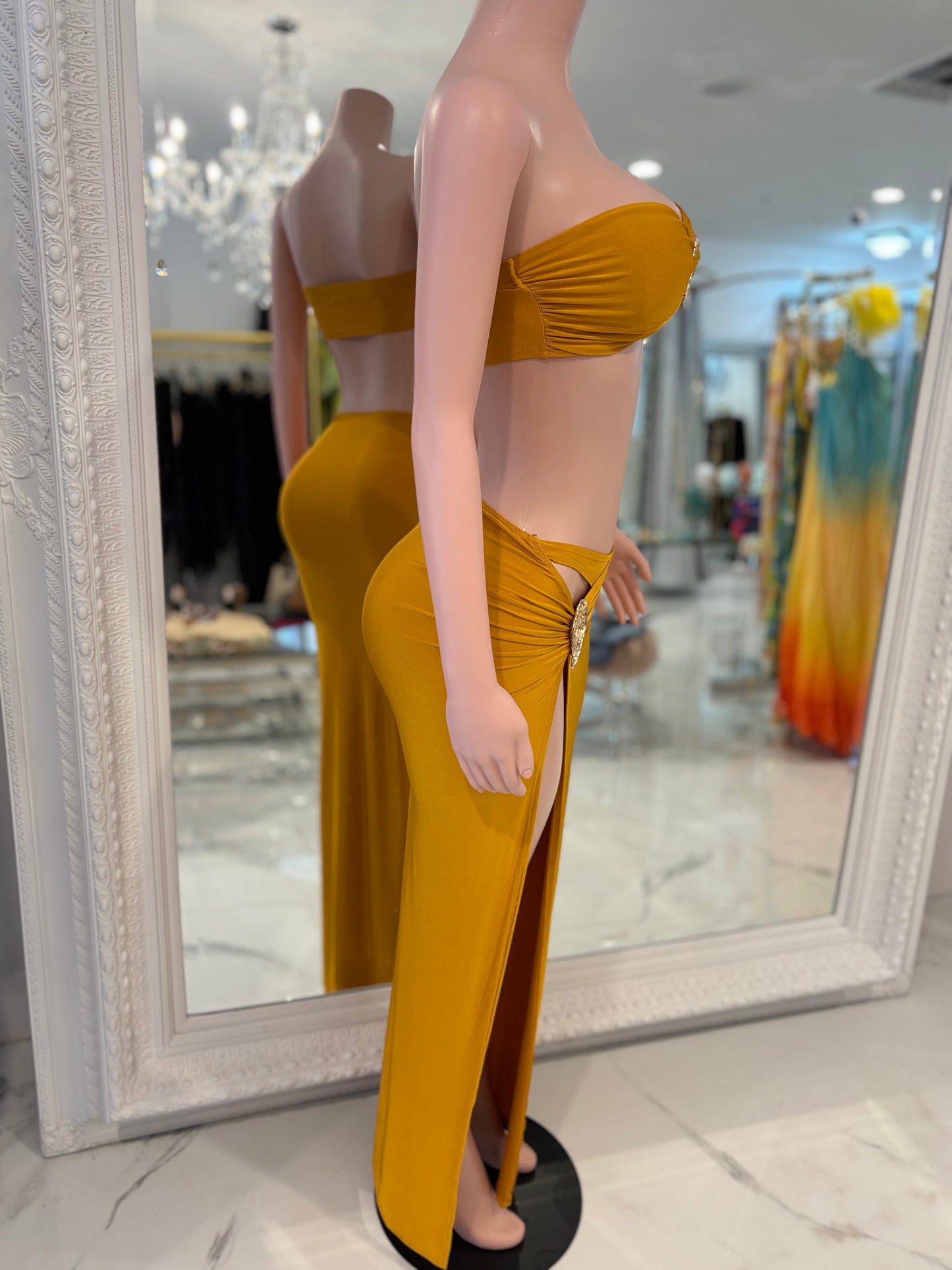 Rosette Mirage Ruched Skirt Set Yellow