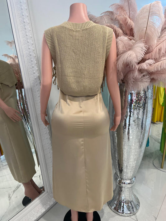 Lover Girl Satin Sweater Maxi Dress Set Nude