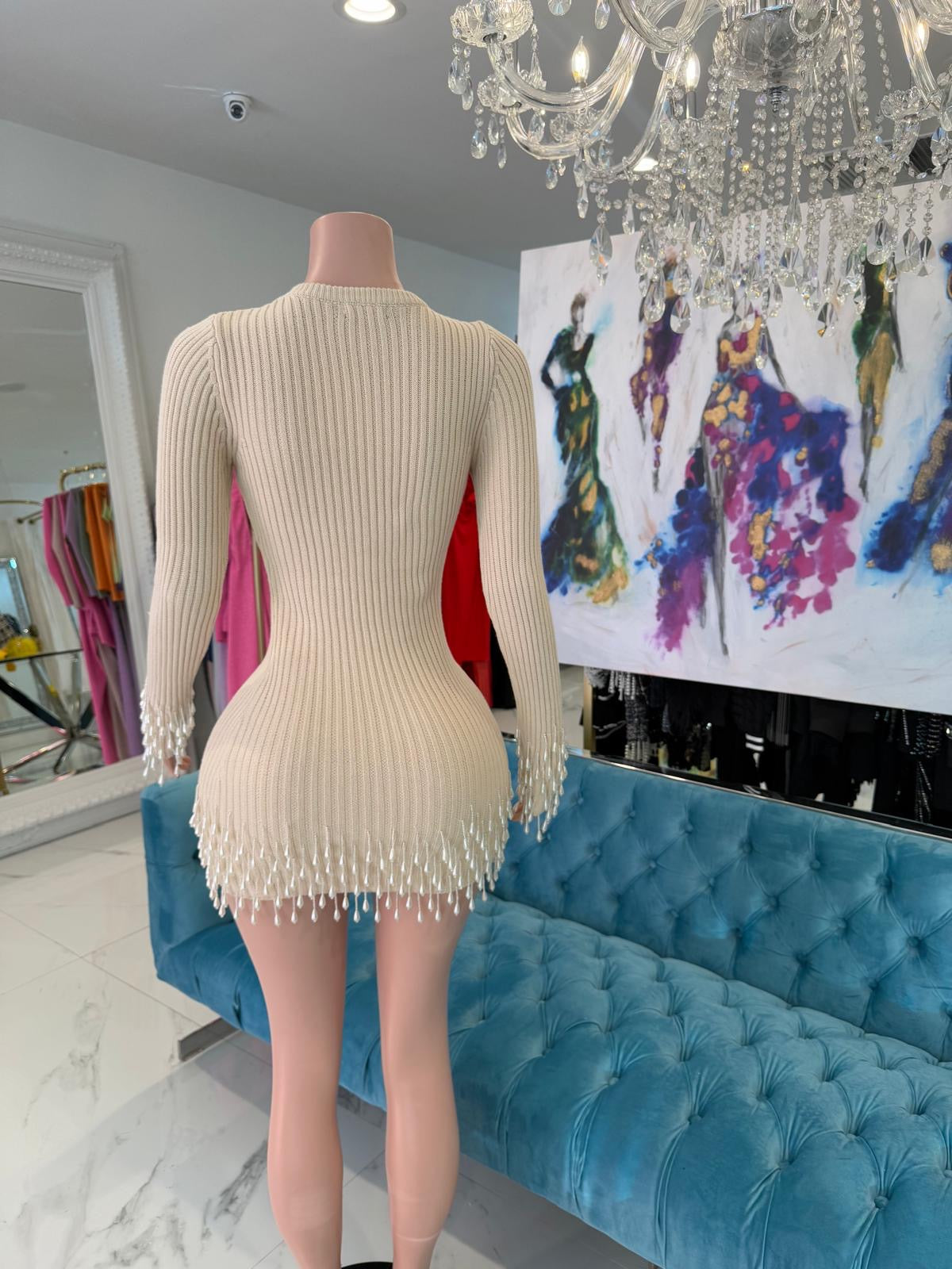 Chic Fringe Knit Pearls Mini Dress Nude