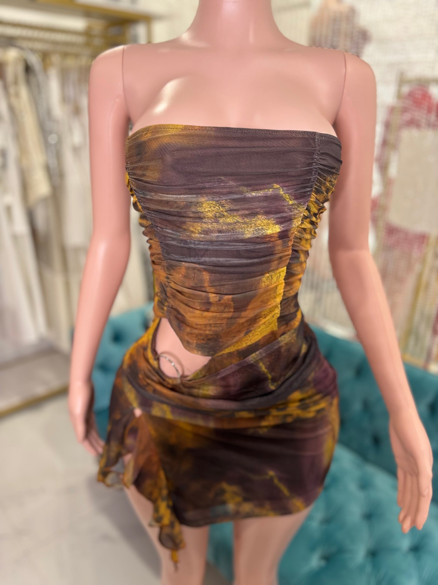 Twilight Mirage Mesh Ruched Mini Dress Brown