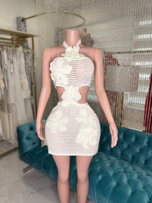 Lune Blanche Floral Crochet Mini Dress White