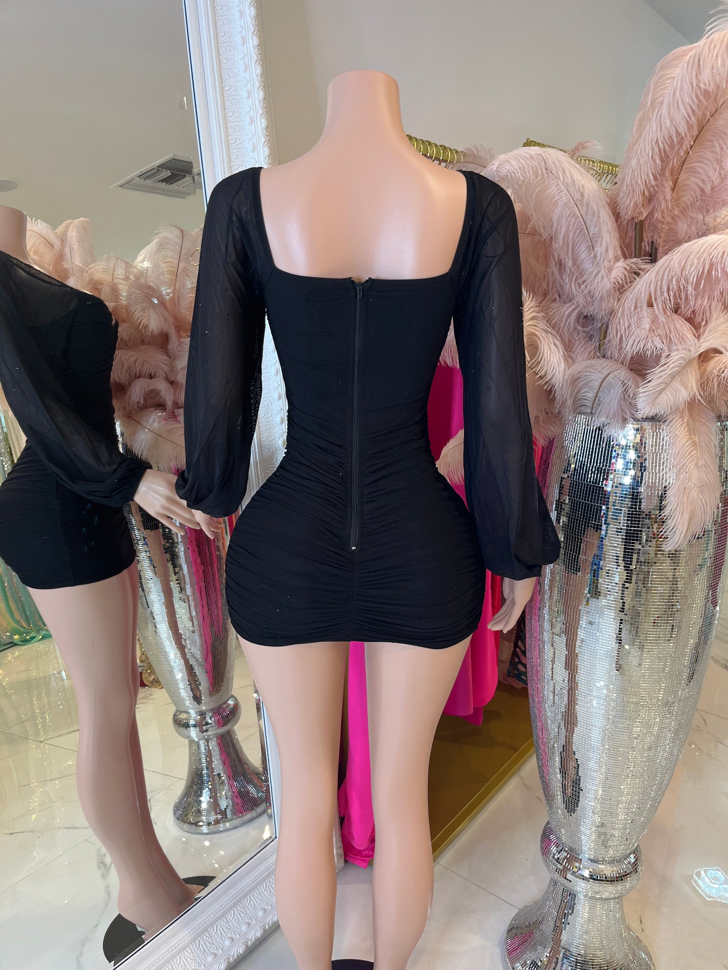 Ruched Mesh Mini Dress