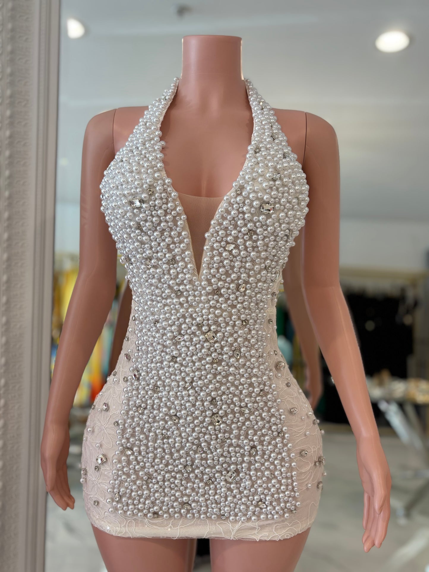 Party Pearl Rhinestones Mini Dress White