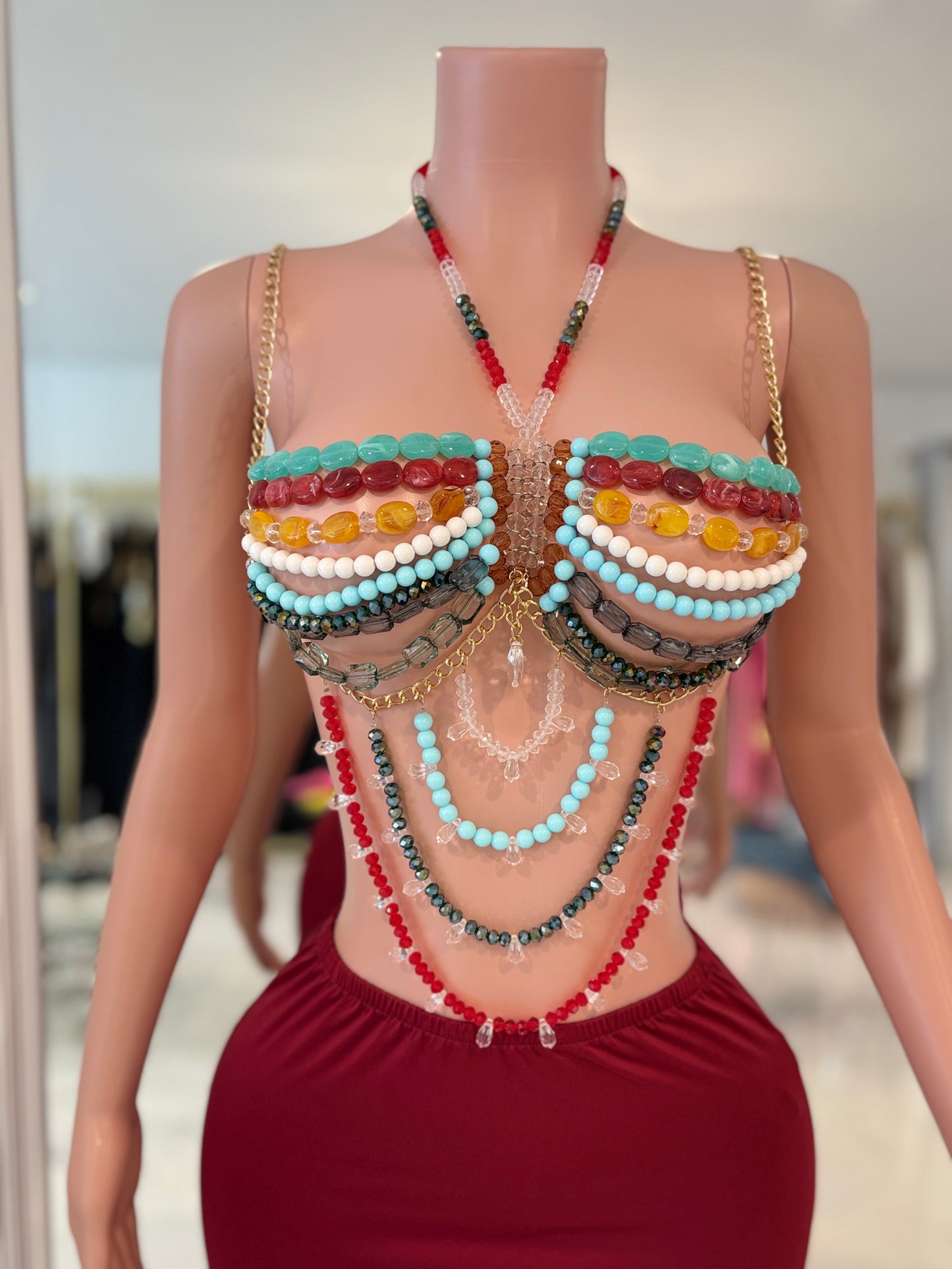 Cesy Chains Rhinestones Skirt Set Red