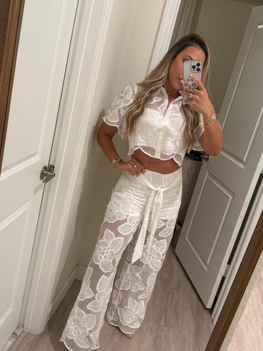 Floral Pants Set White CROCHET
