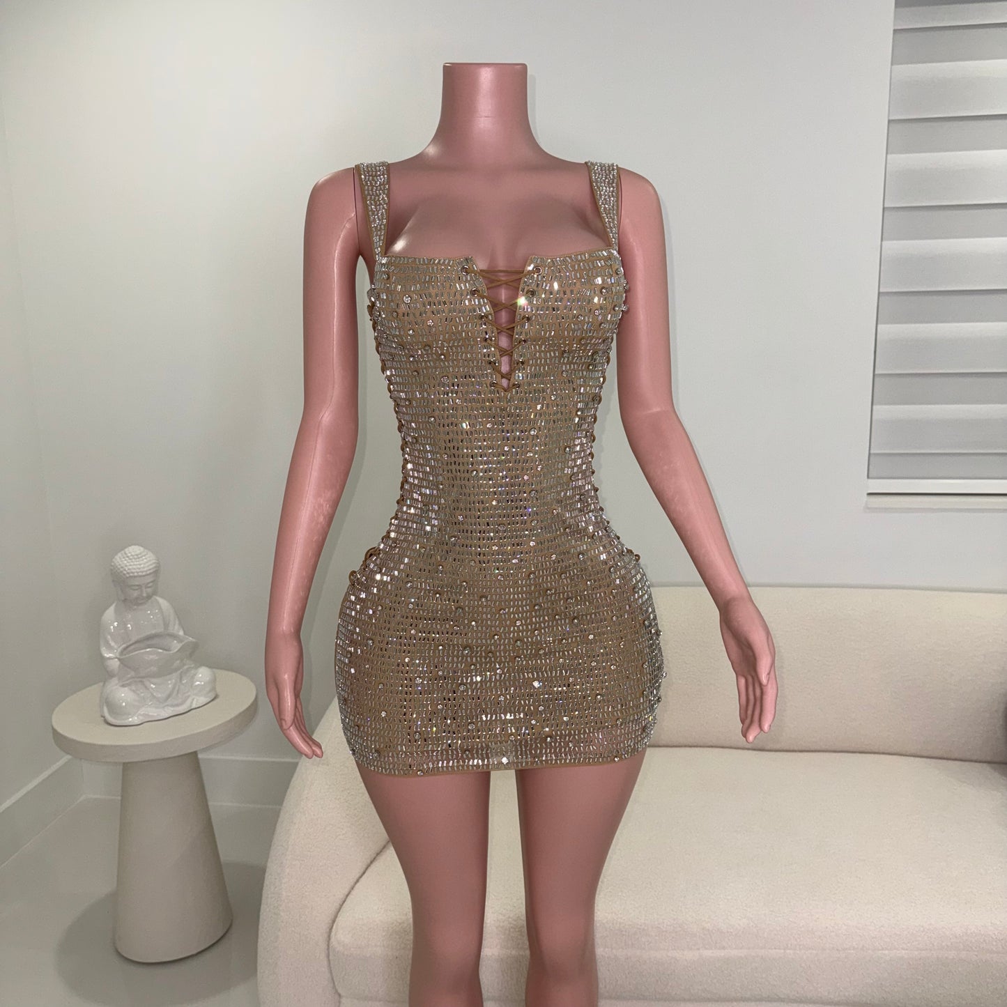 Queen Rhinestones Mini Dress Nude