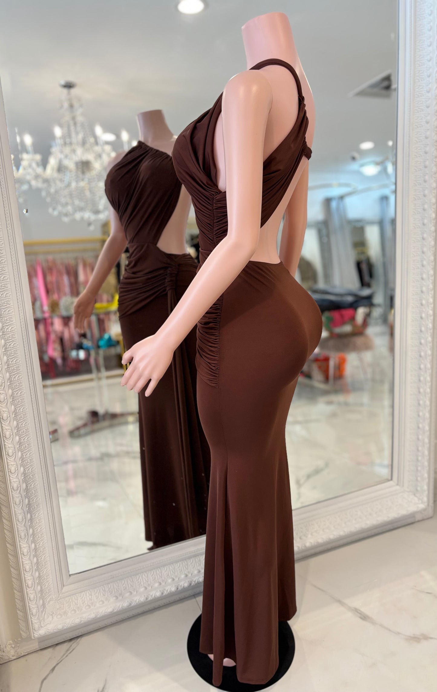 Glow Motion Ruched Maxi Dress Brown