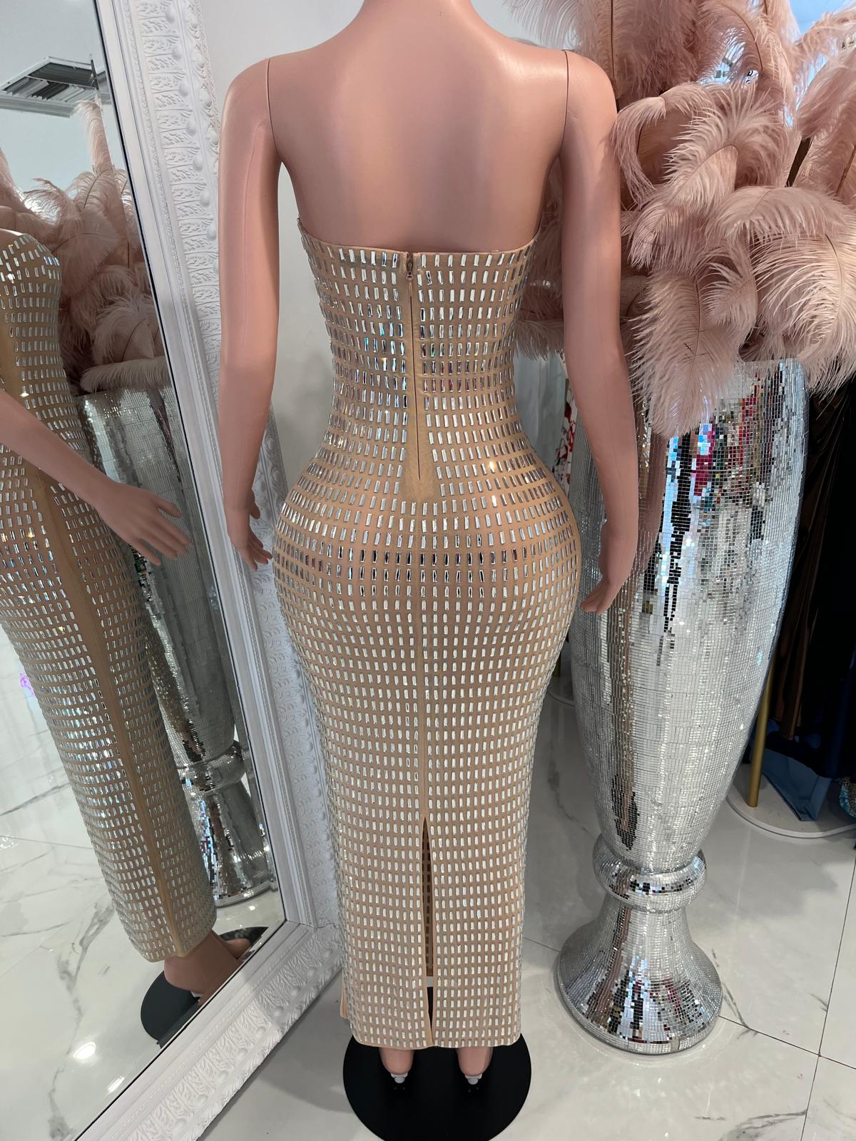 Golden Mesh Rhinestone Maxi Dress Nude