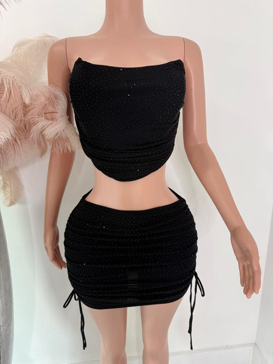 Deny Glow Ruched Rhinestones Skirt Set Black