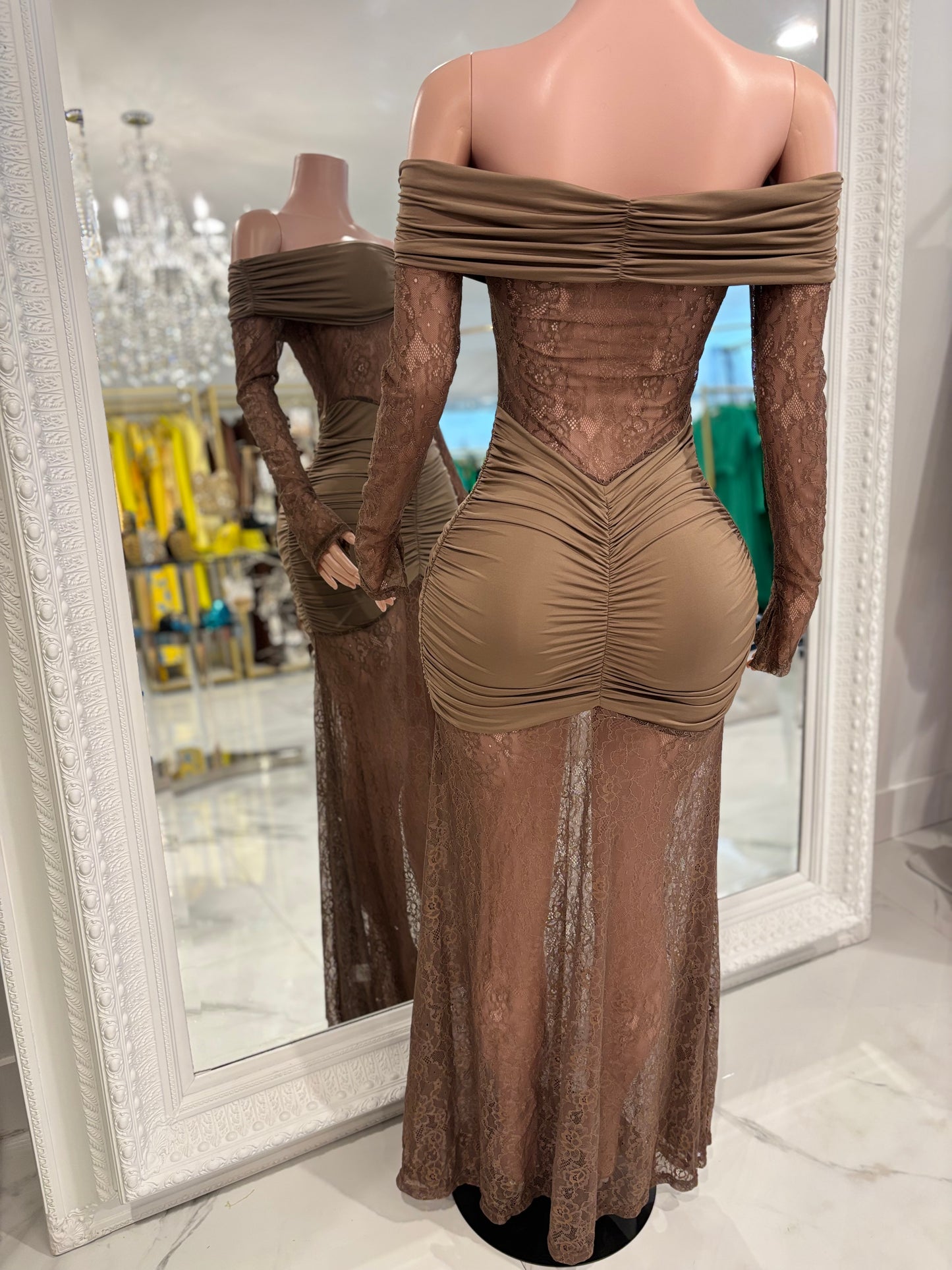 Elisa Lace Ruched Maxi Dress Brown