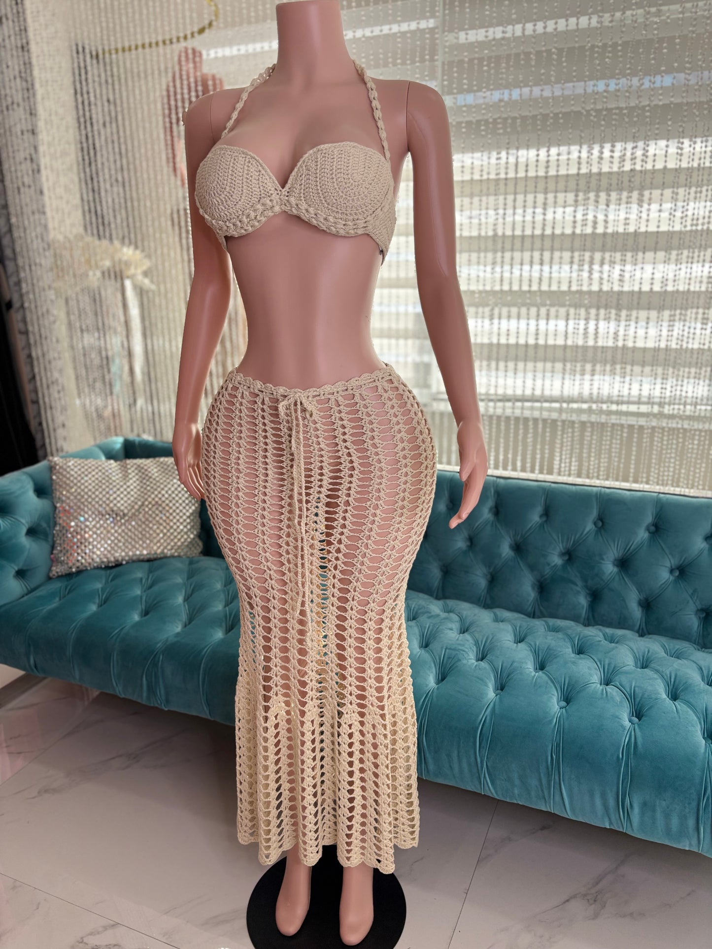 Sandshell Crochet Skirt Set Nude