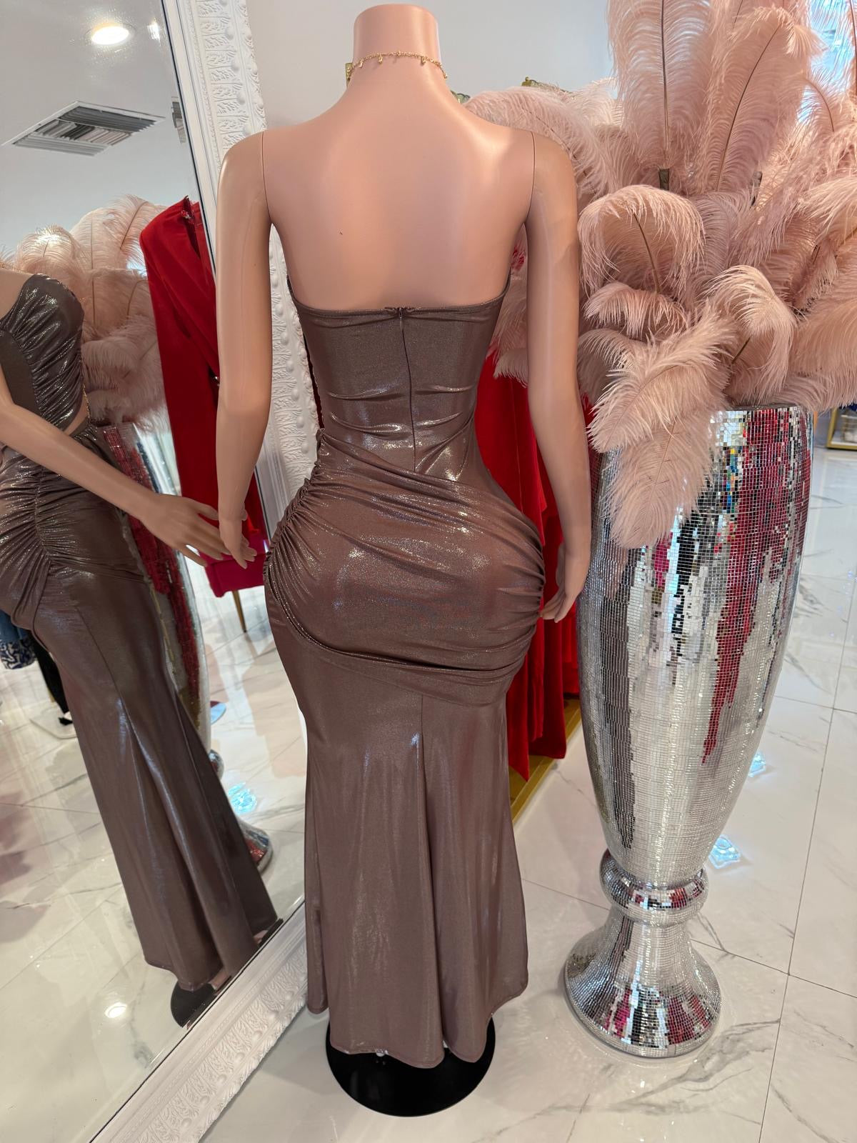 Celestial Cascade Ruched Metallic Maxi Dress Pink