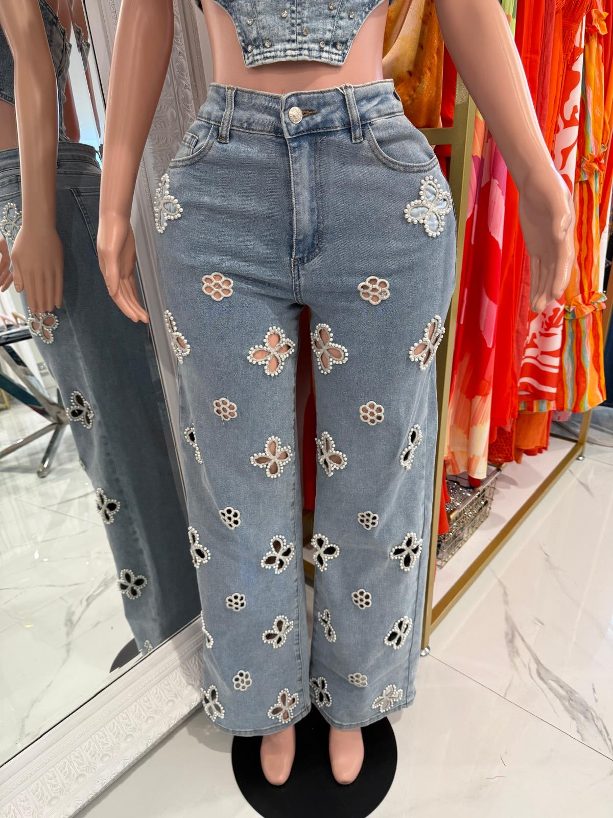 Flores Perlas Jeans