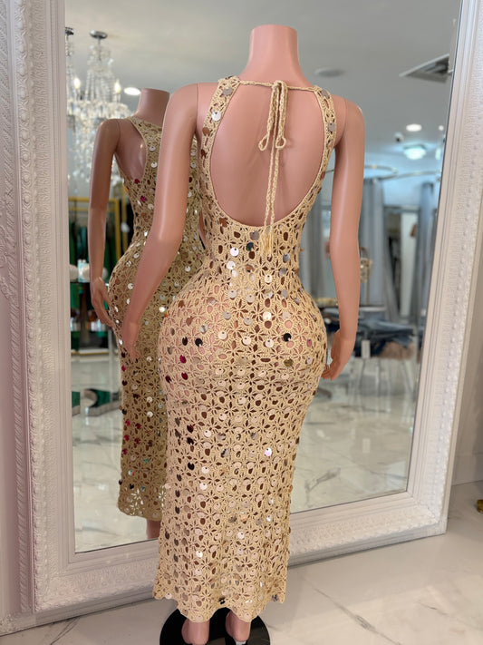 Floral Crochet Sequin Maxi Dress Nude