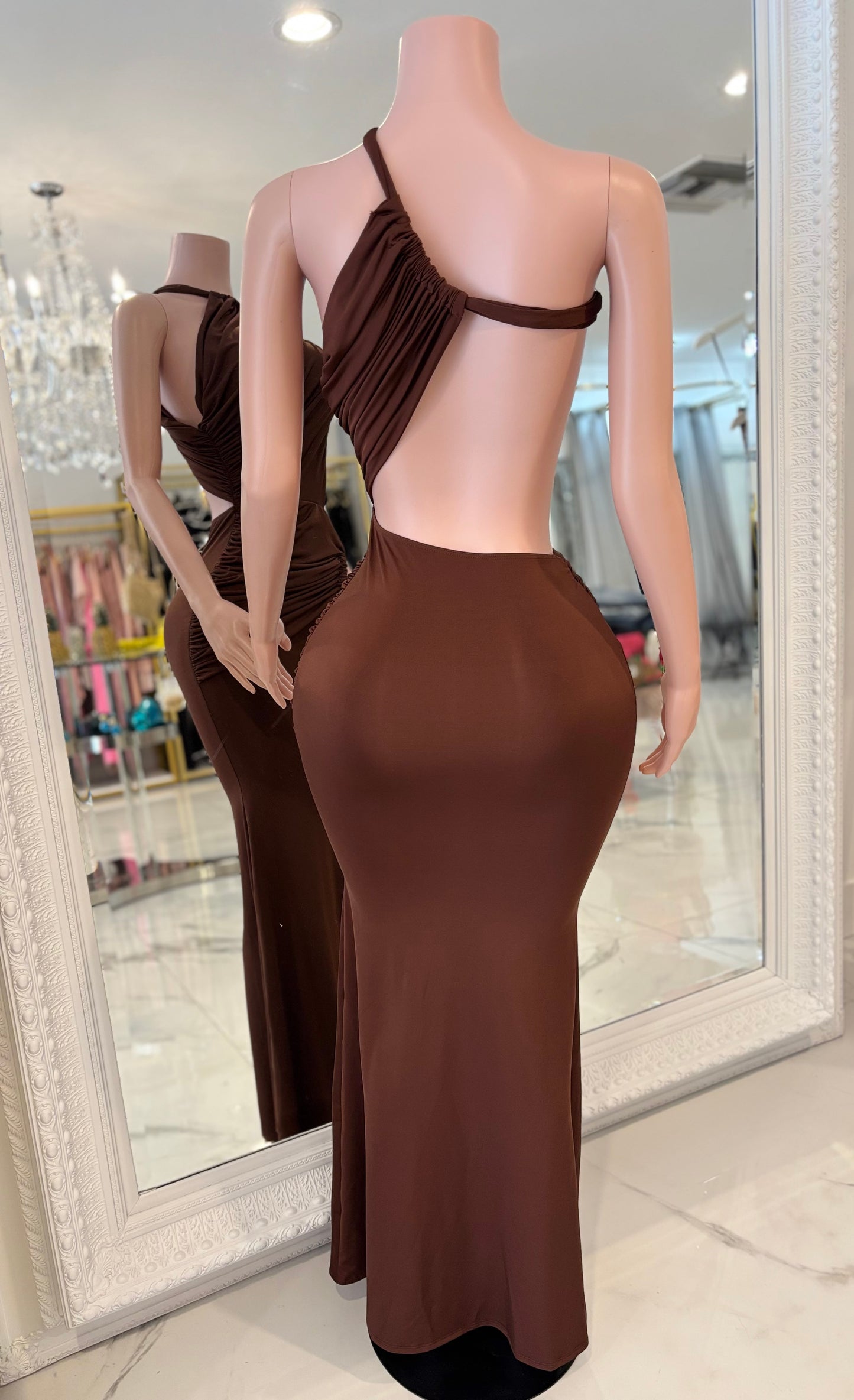 Glow Motion Ruched Maxi Dress Brown