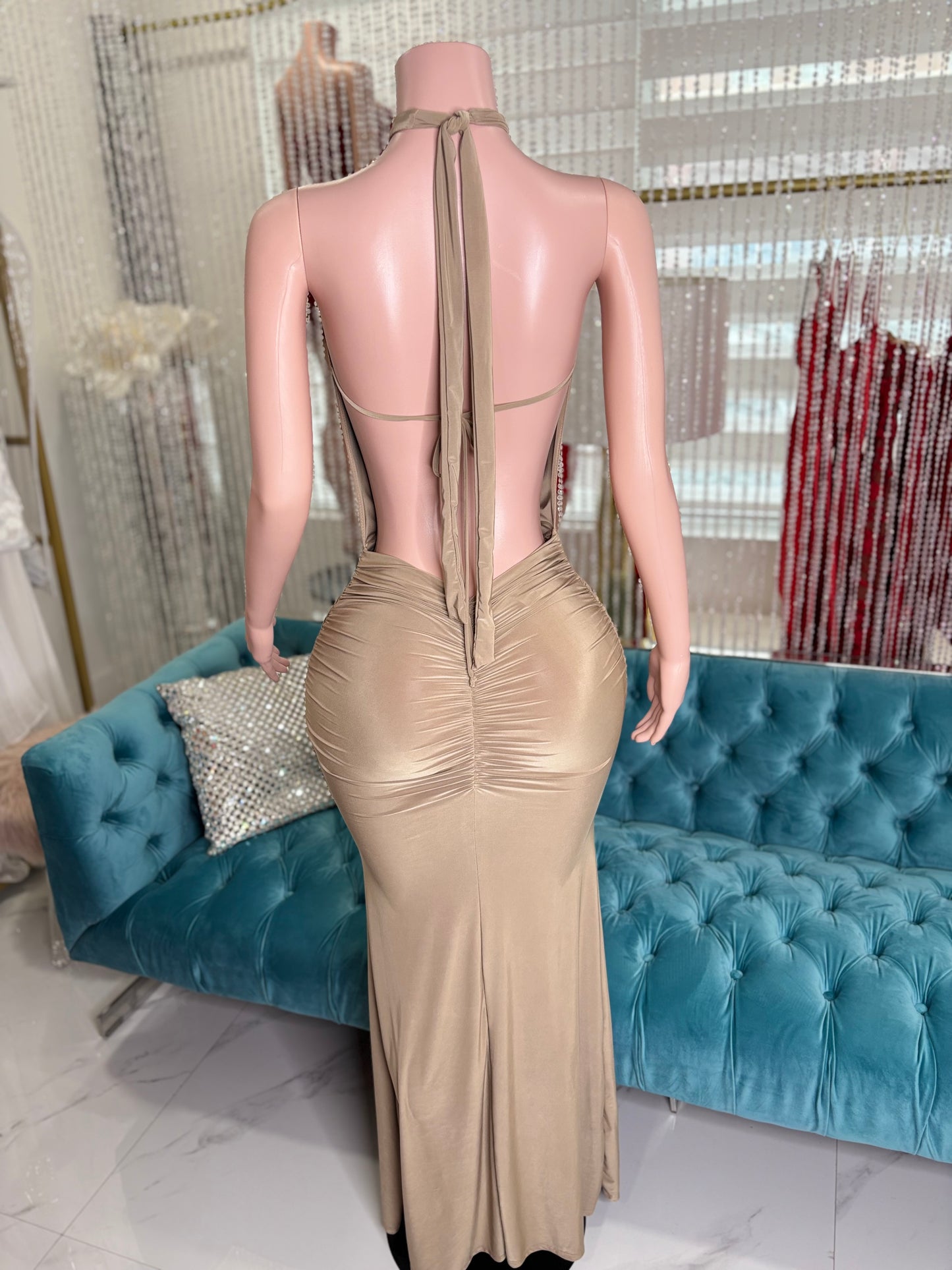 Split Intention Ruched Maxi Dress Nude