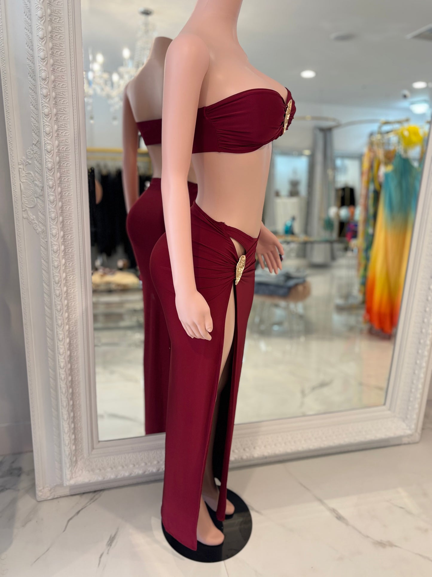 Rosette Mirage Ruched Skirt Set Red
