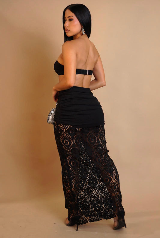 Marbella Allure Crochet Ruched Skirt Set Black