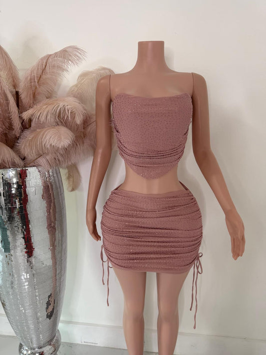 Deny Glow Ruched Rhinestones Skirt Set