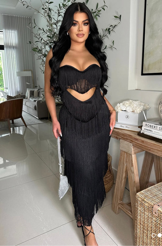 Obseccion Dusk Fringe Maxi Dress Black
