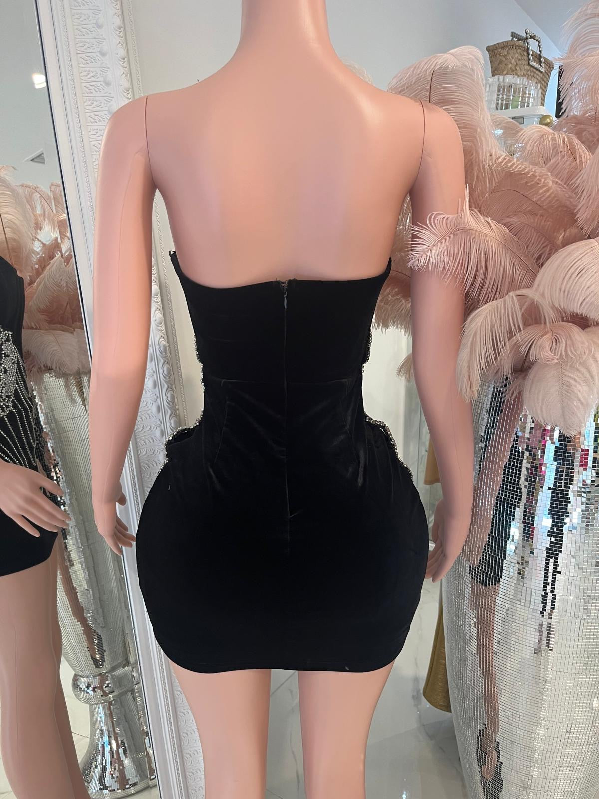 Luxe Velvet Rhinestone Mini Dress Black