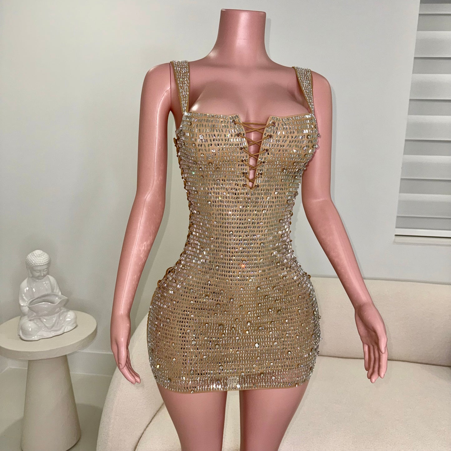 Queen Rhinestones Mini Dress Nude