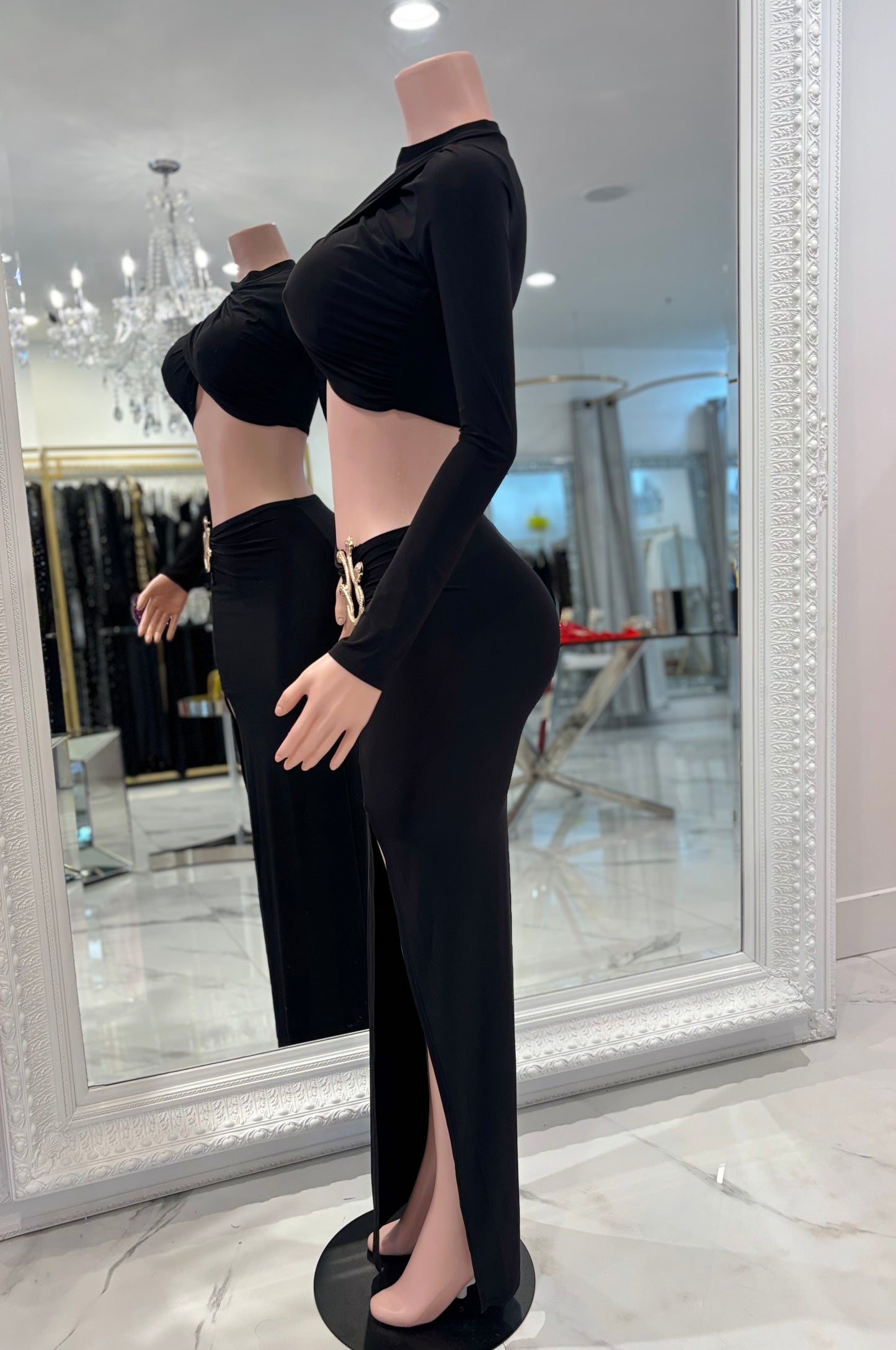 Velouris Drape Ruched Skirt Set Black