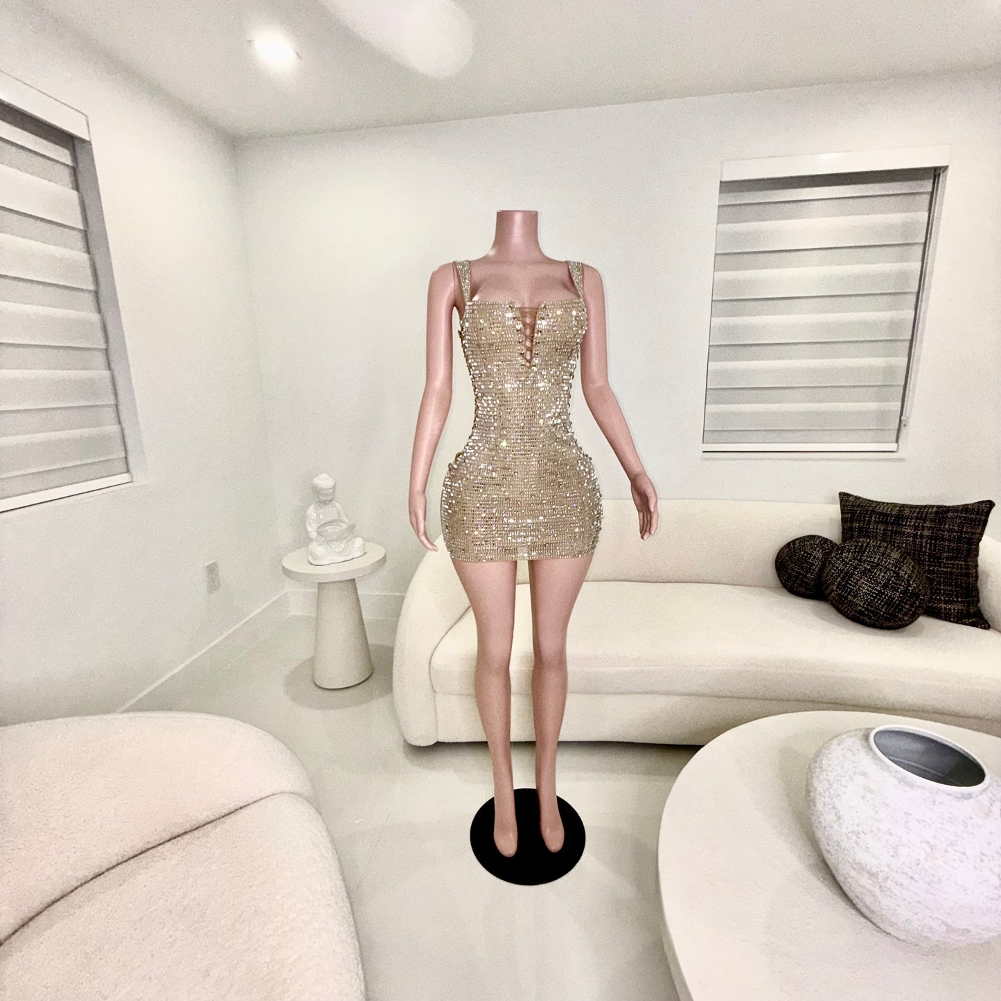 Queen Rhinestones Mini Dress Nude