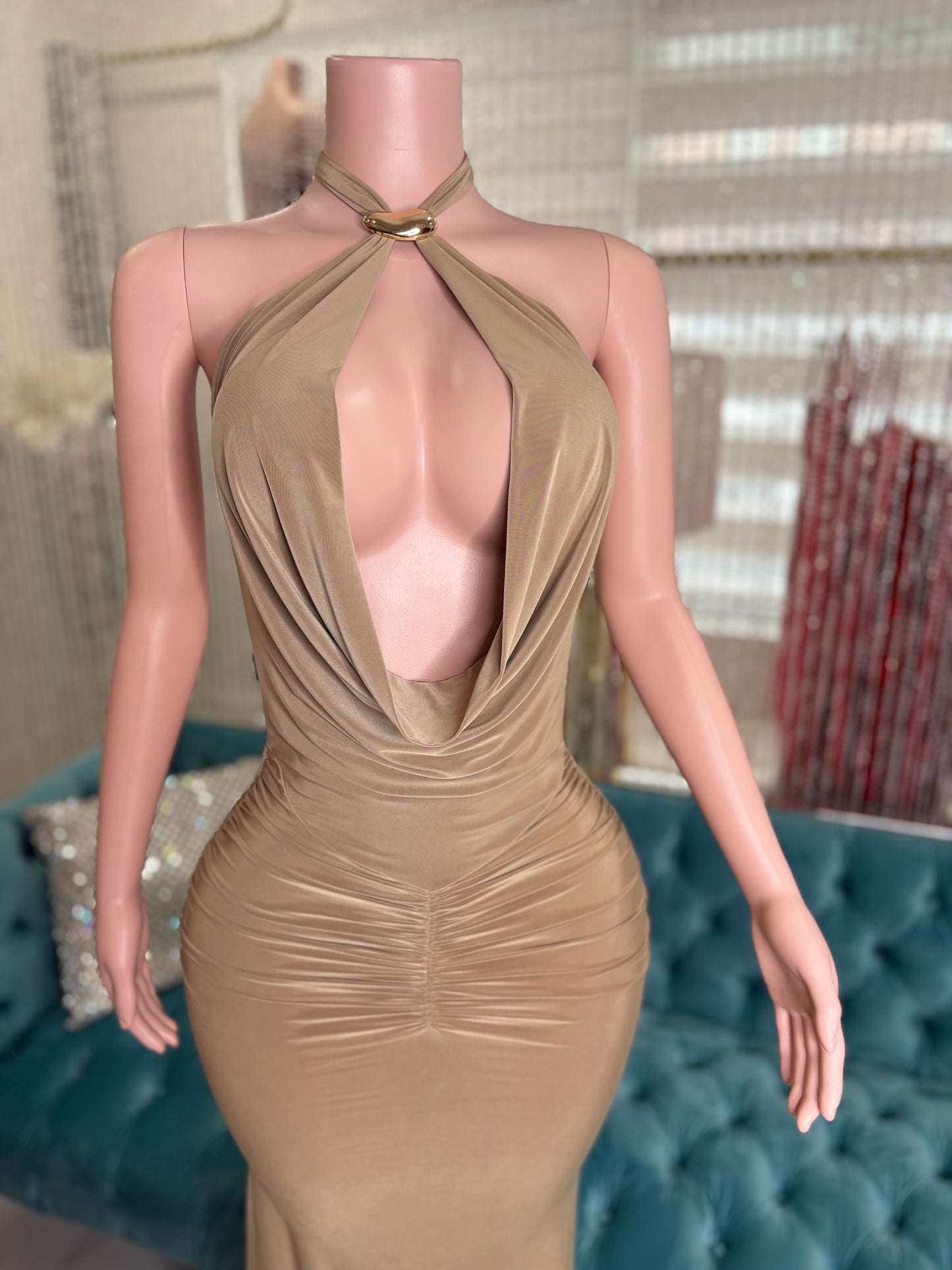 Split Intention Ruched Maxi Dress Nude