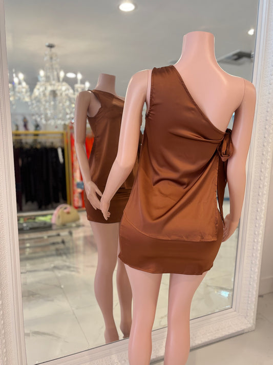 Lily Satin Ruched Skirt Set Brown
