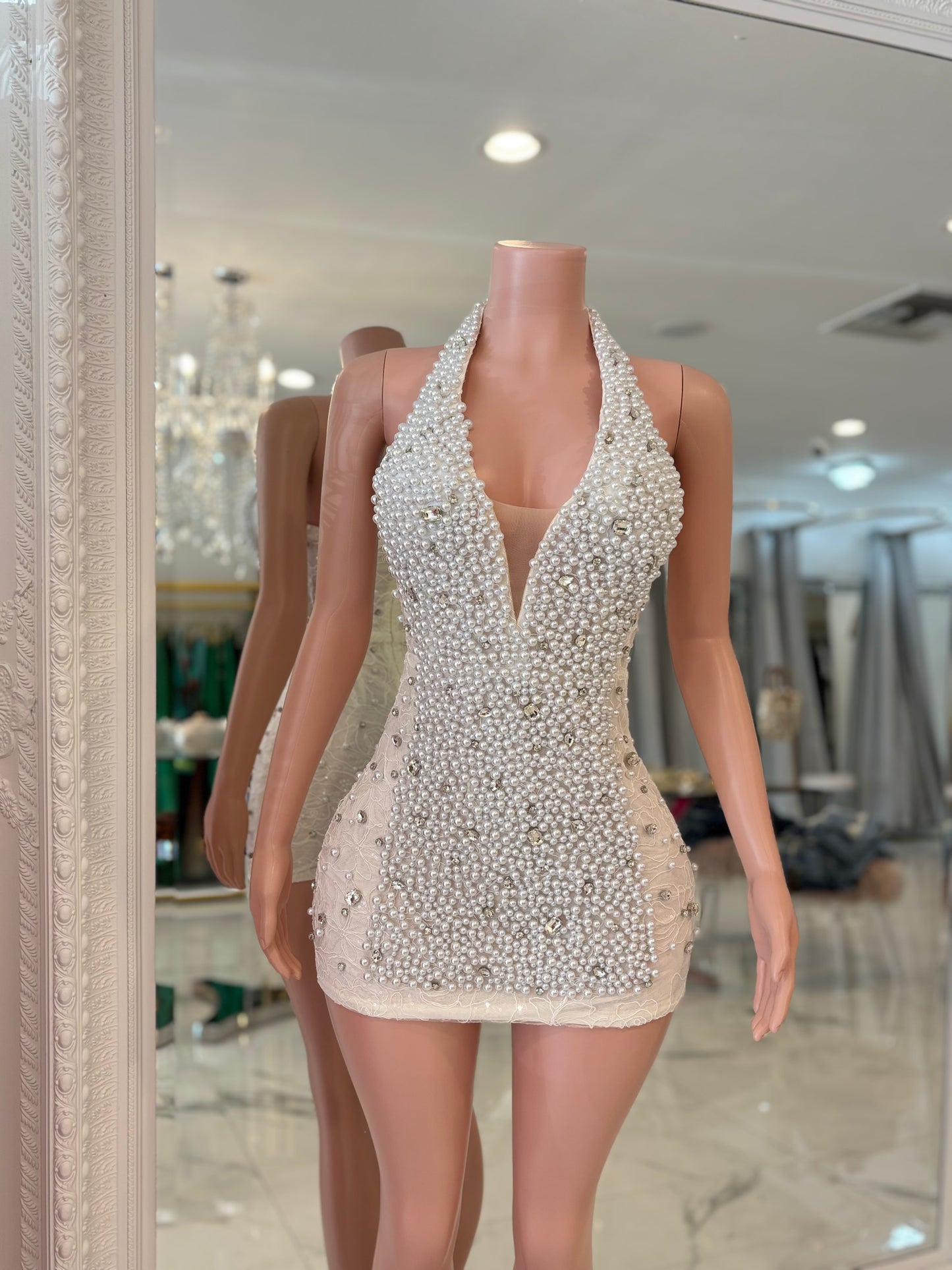 Party Pearl Rhinestones Mini Dress White