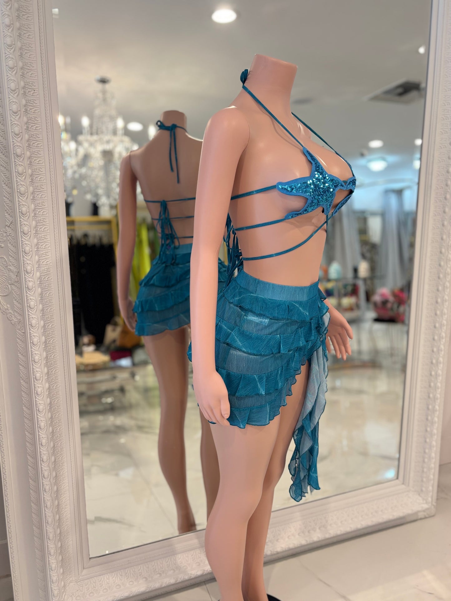 Starfish Daze Mesh Sequin Ruched Skirt Set Blue