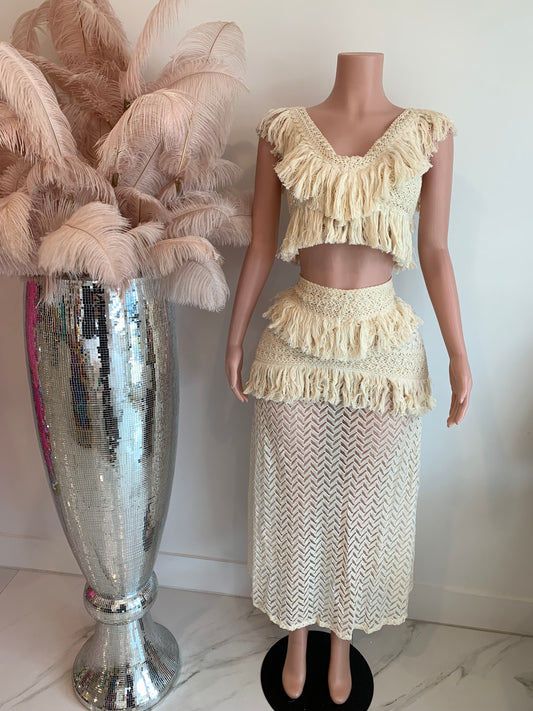 Looking Good Fringe Knit Skirt Set Nude