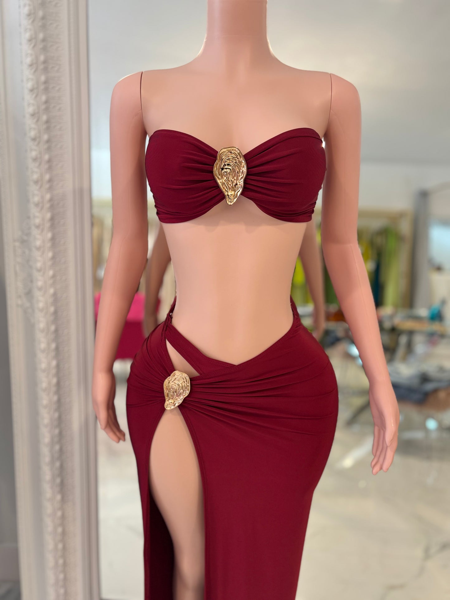 Rosette Mirage Ruched Skirt Set Red