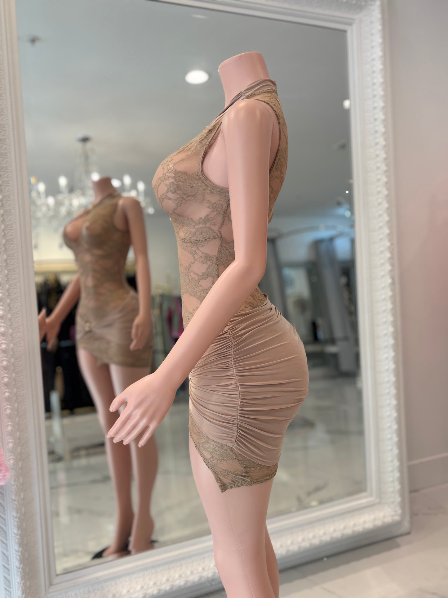 Glasshouse Muse Lace Ruched Mini Dress Nude