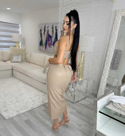 To Dedicate Faux Leather Skirt Set Nude