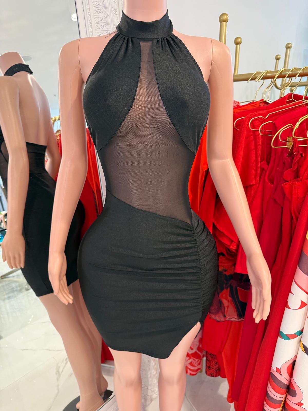 Noir Enigma Ruched Mesh Mini Dress Black