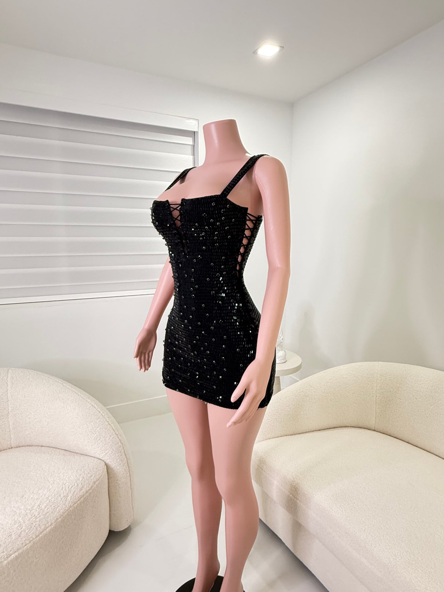 Queen Rhinestones Mini Dress Black