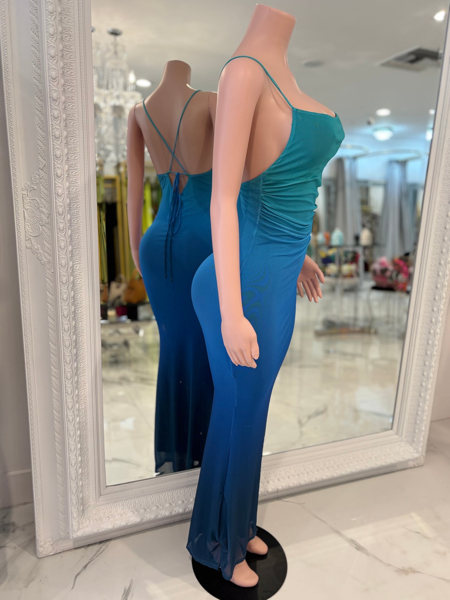 Tidal Rush Mesh Ruched Maxi Dress Blue