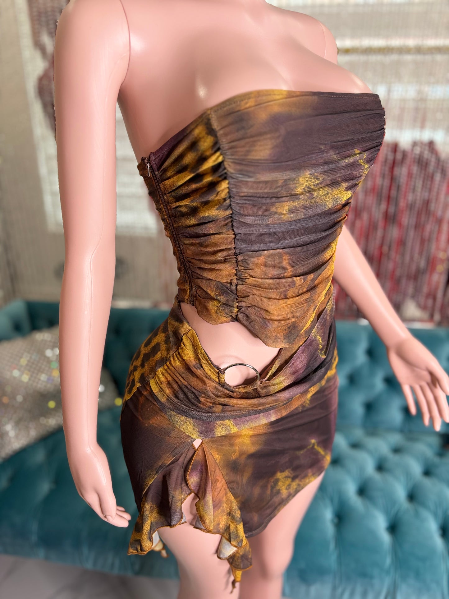 Twilight Mirage Mesh Ruched Mini Dress Brown